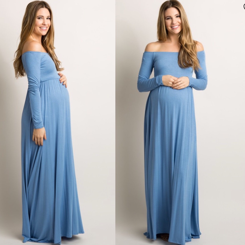 Blue Solid Off Shoulder Maternity Maxi Dress